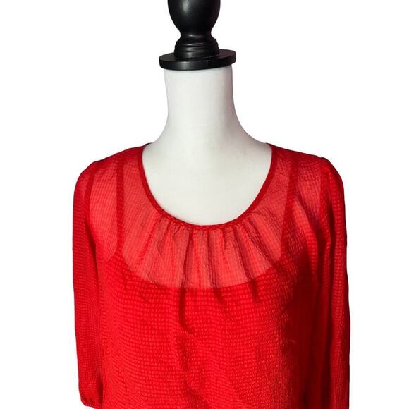A.Buyer Layered Red Blouse Lace Back Cut Out 3/4 Sleeve Banded Bottom Size Med - Picture 9 of 11